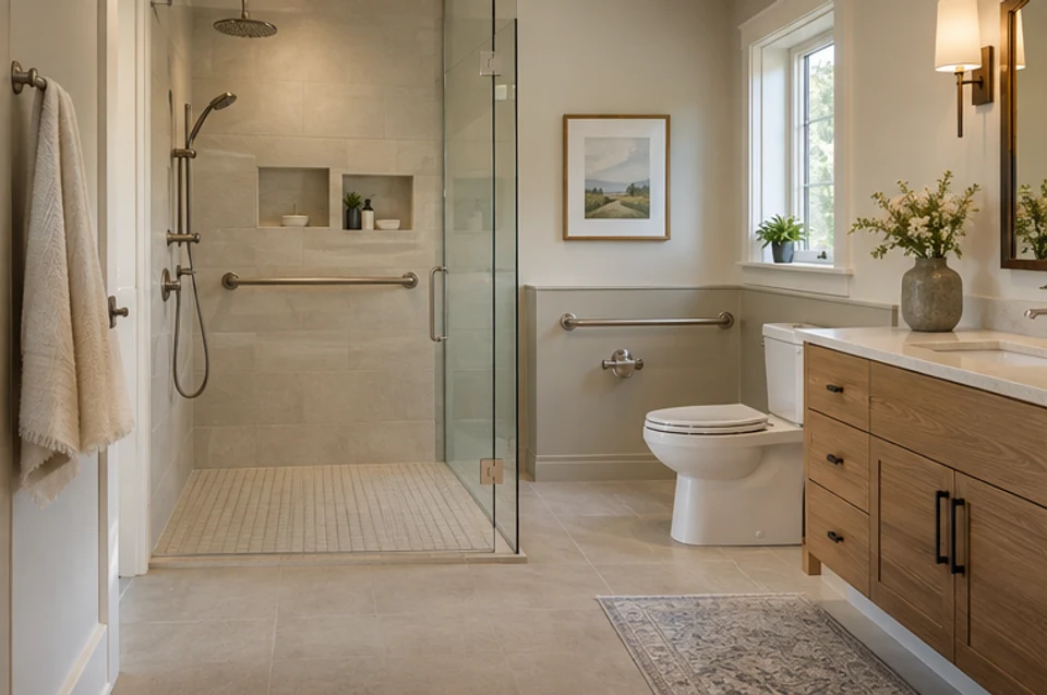 A thoughtfully designed bathroom with a walk-in shower and installed support rails.