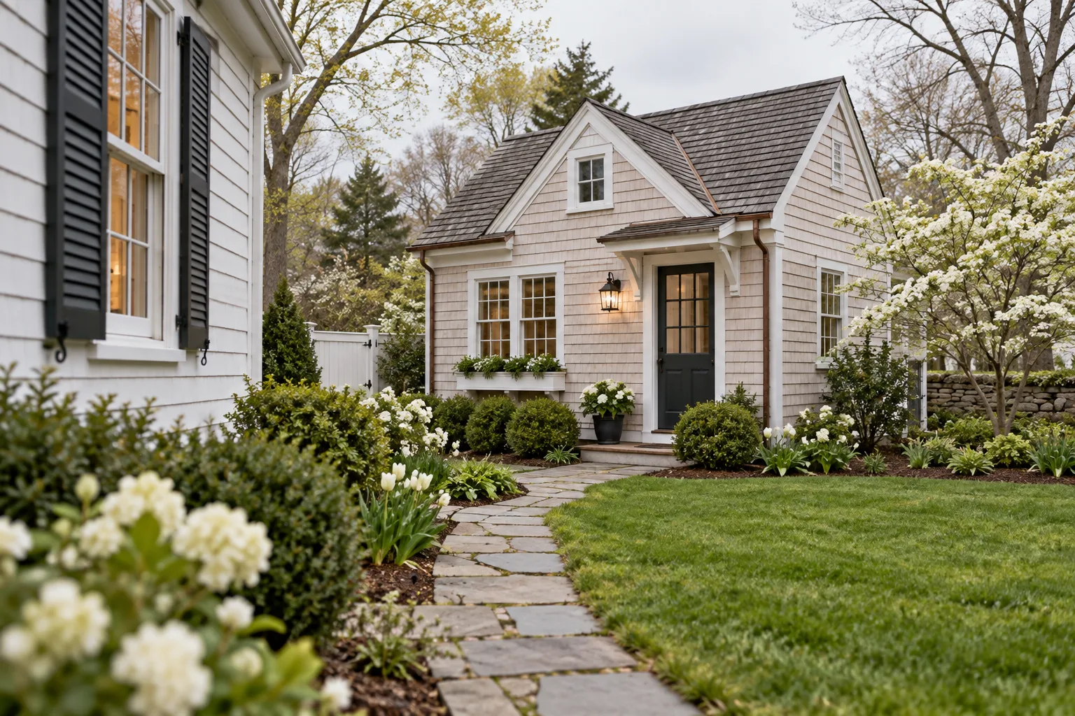 A small detached cottage behind a landscaped New England home.
