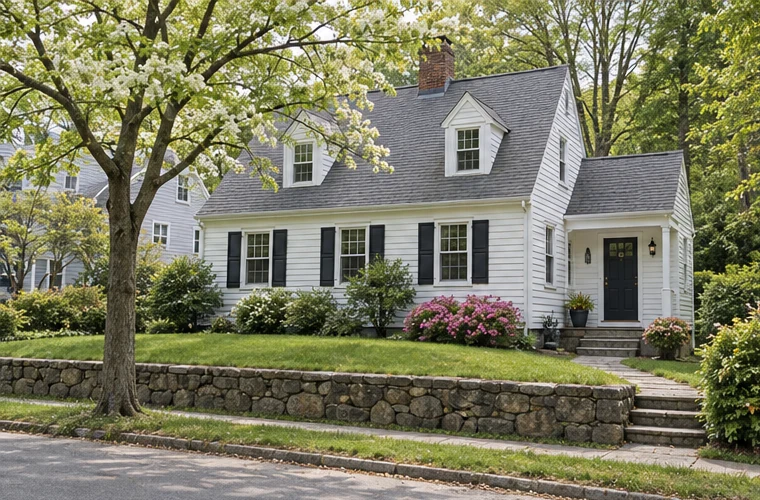 A Cape-style home on a landscaped residential street in Ashland, Massachusetts.