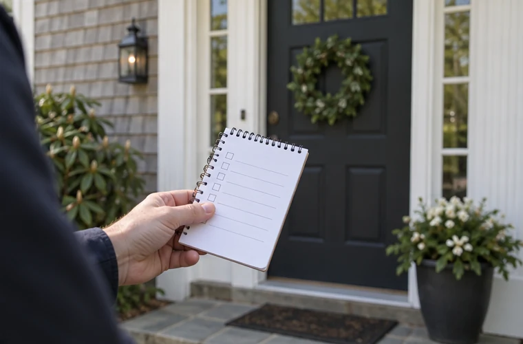 A buyer holding a checklist outside a home's front door before a showing.