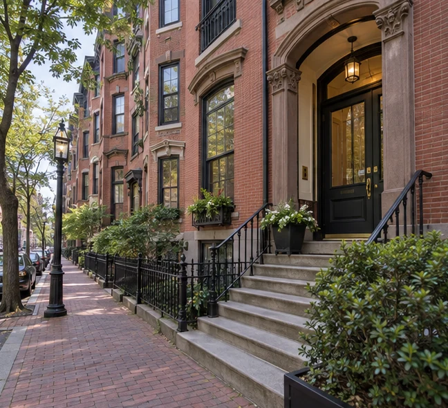 A Boston brick condominium building entrance framed by mature street trees and a residential sidewalk.