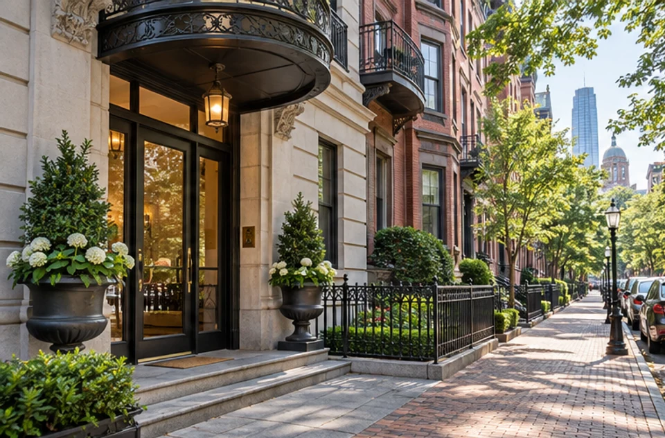 A landscaped Boston condominium entrance along a walkable residential sidewalk.