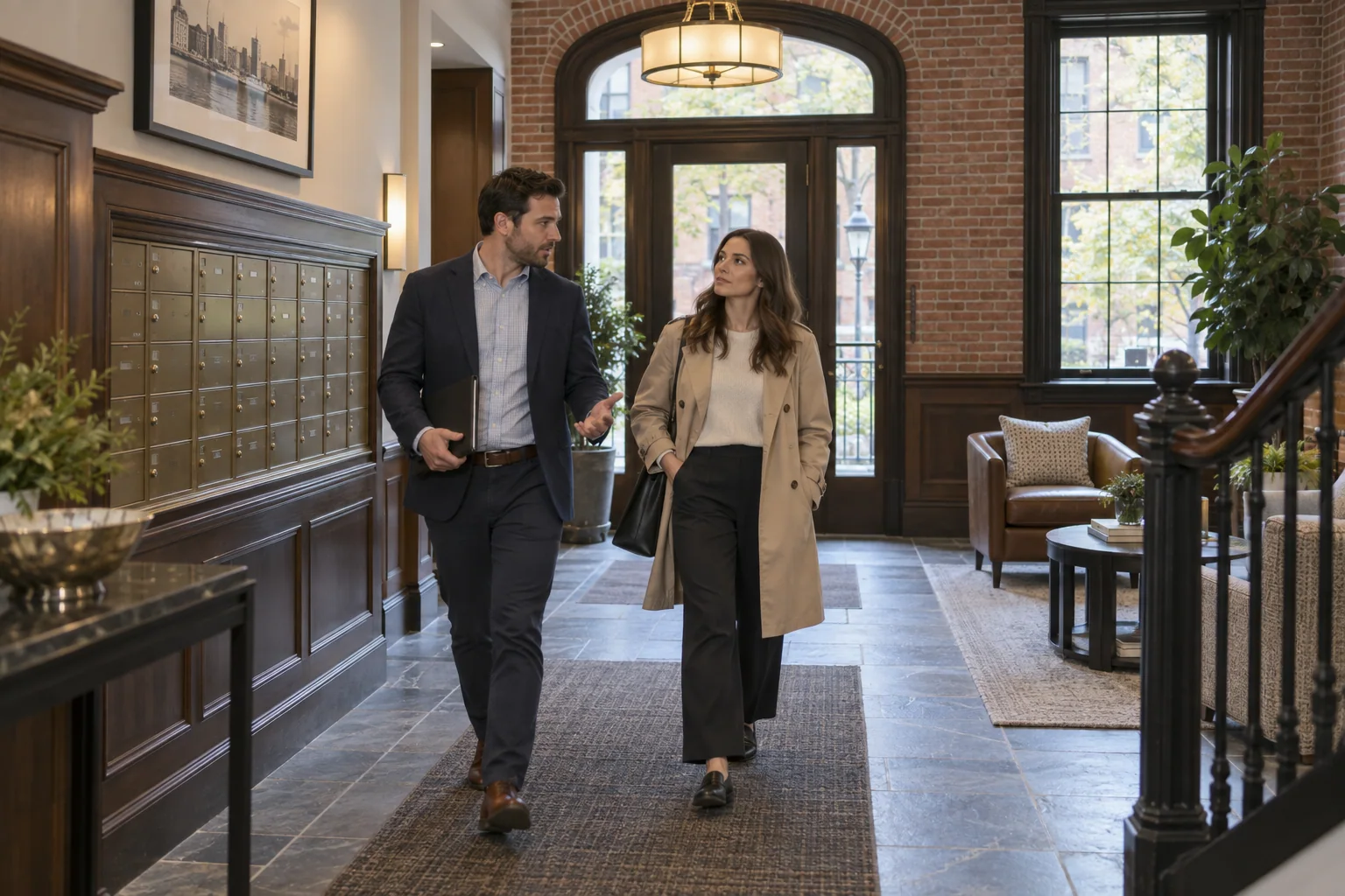 A buyer and agent walking through the shared entry of a Boston-area condominium building.