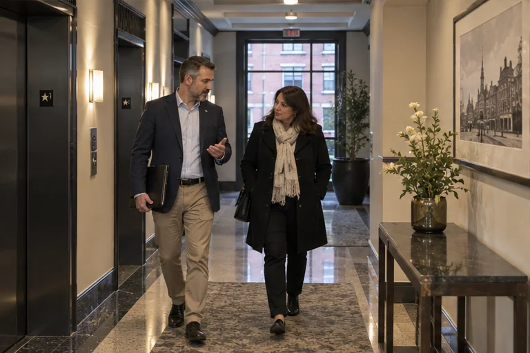 A condominium owner and building manager walking a shared Boston-area corridor before listing a unit.