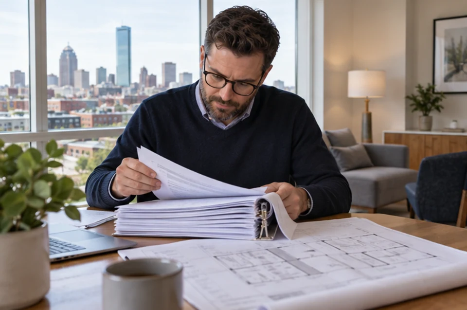 A prospective Boston condo buyer reviewing a thick association document packet and building plan.