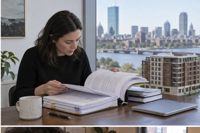 A Boston condo buyer reviewing a thick association document package at a table near city windows.