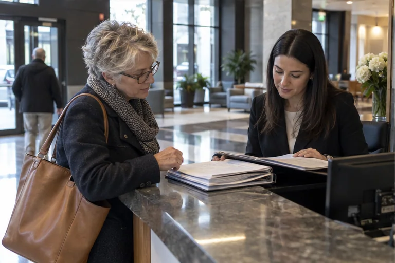 A Boston condominium owner reviewing association records and a sale document folder at a building desk.