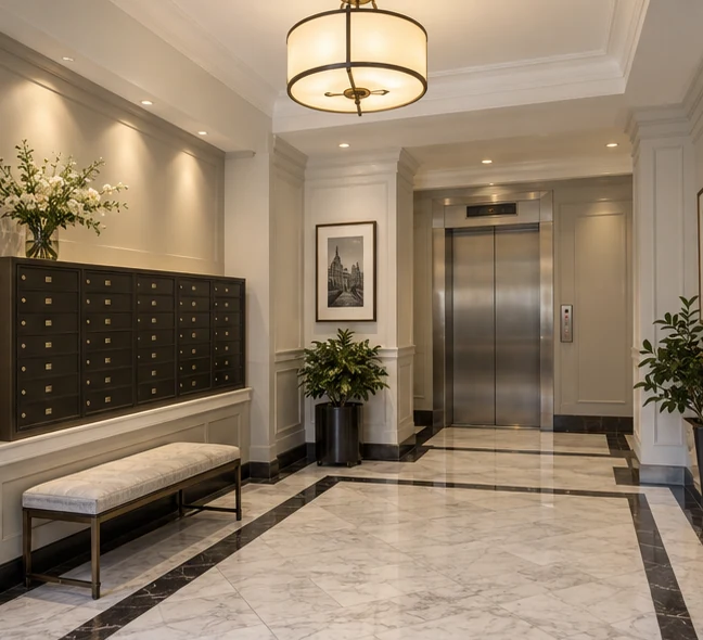 A bright Boston condominium lobby with an elevator and mail area, viewed during a building tour.