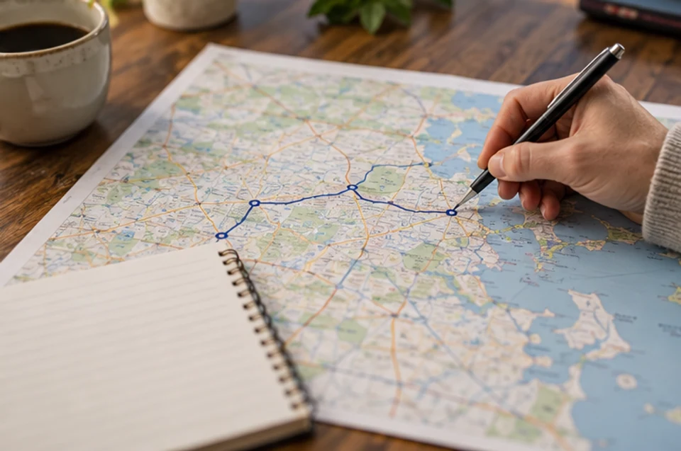 A buyer mapping a Greater Boston to MetroWest route beside a blank home-search notebook.