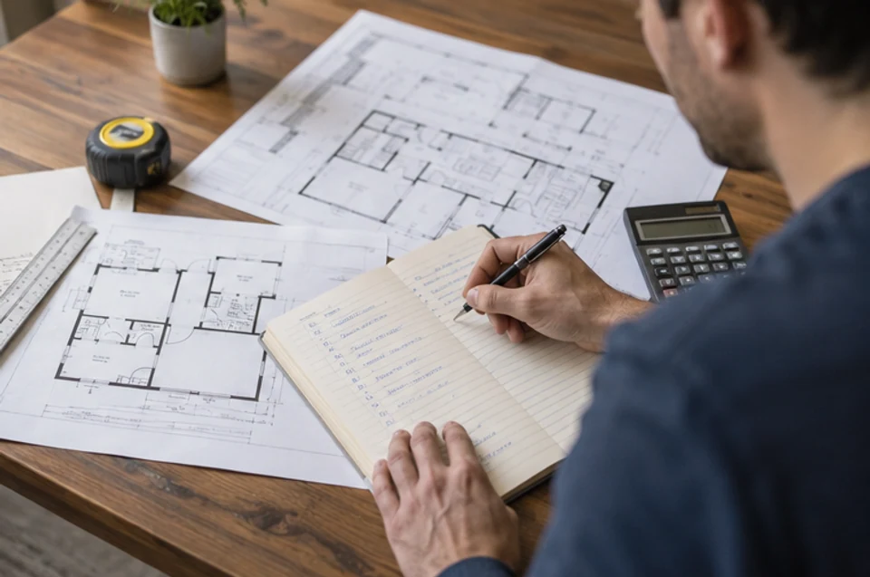 A buyer recording property details on a worksheet beside a plan and measuring tools.