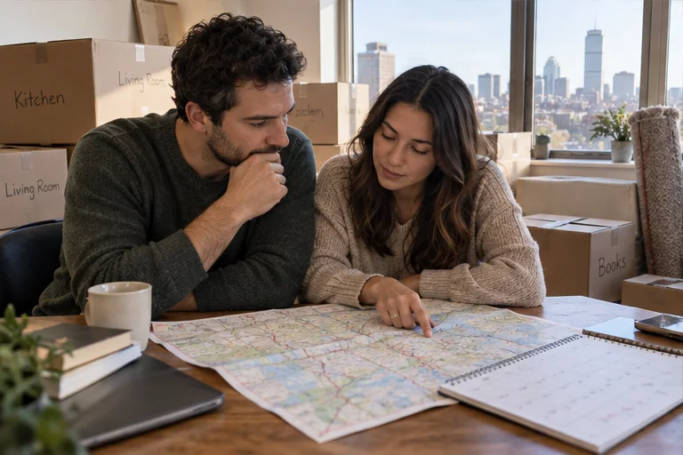 A couple comparing a printed Boston-area map and moving calendar while planning a Massachusetts relocation.