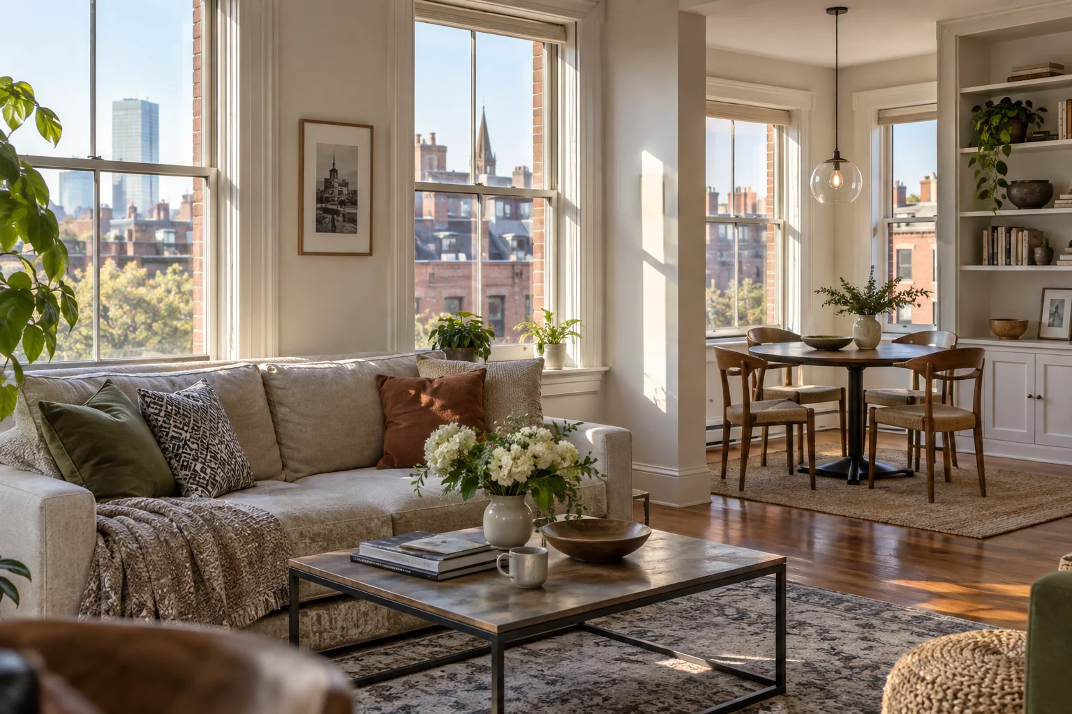 A bright Boston condo living and dining area with city rooftops visible through tall windows.