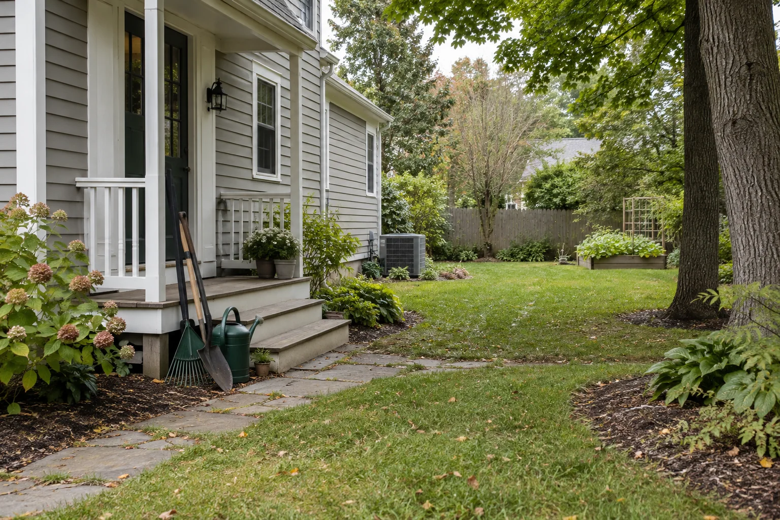 A New England home's back entry opening onto a private yard with garden tools and mature trees.