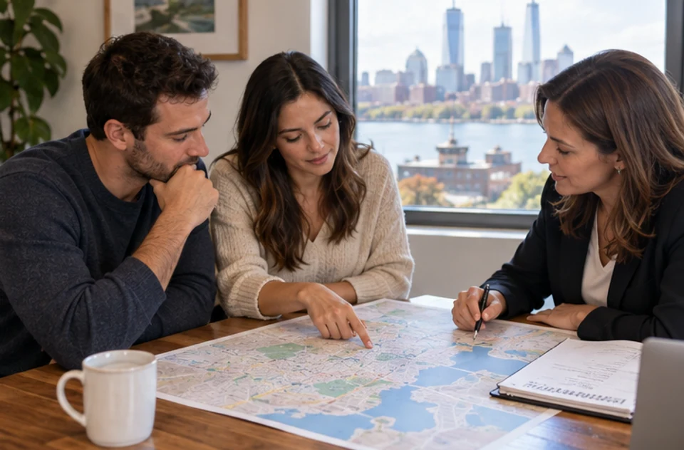 A home buyer and agent reviewing a local map and a short list of search priorities.