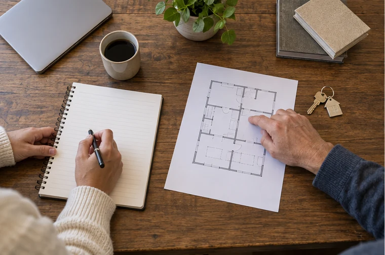 A buyer arranging keys, blank notes, and a home layout before beginning a search.