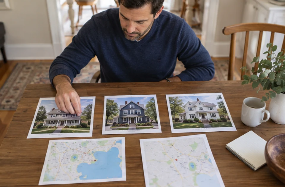 A buyer comparing a small set of property photographs with a local town map.