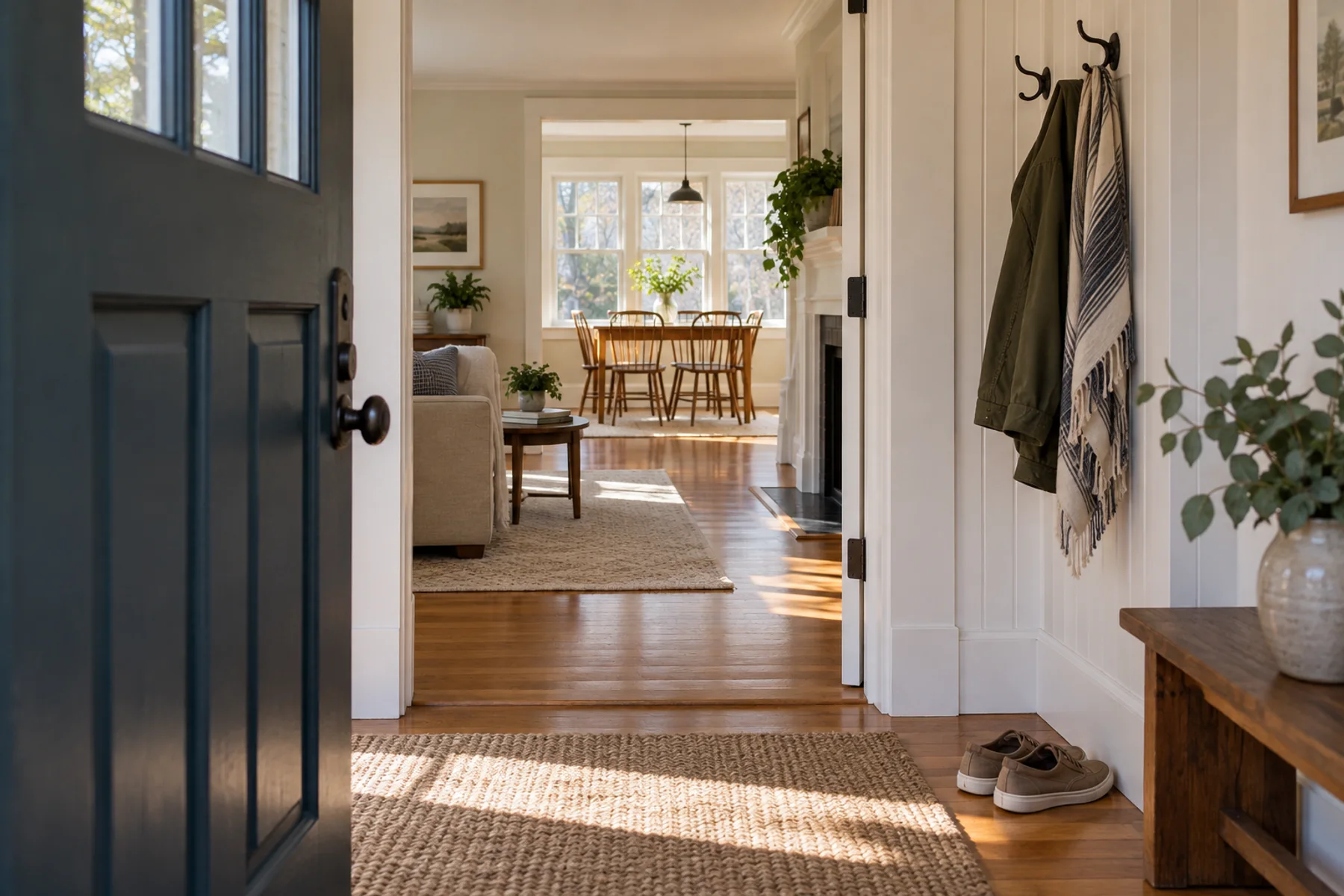 A welcoming home entry opening into a light-filled New England interior; illustrative, not an active listing.