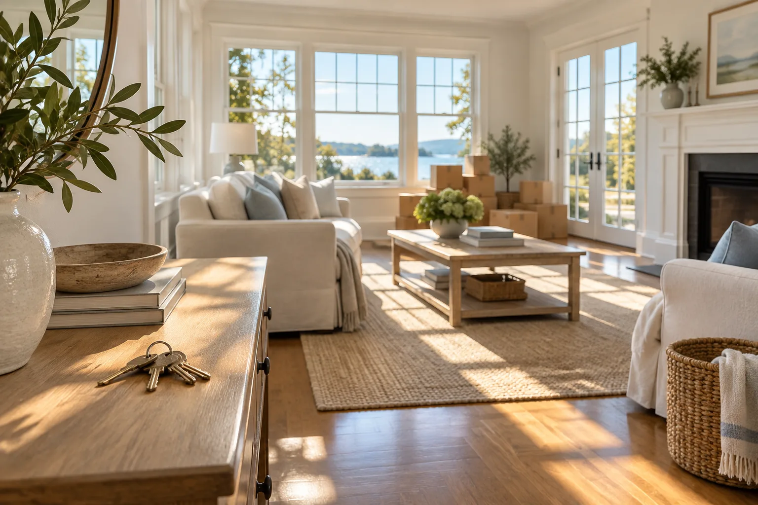 A quiet, sunlit living room with keys on a console before a home closing.