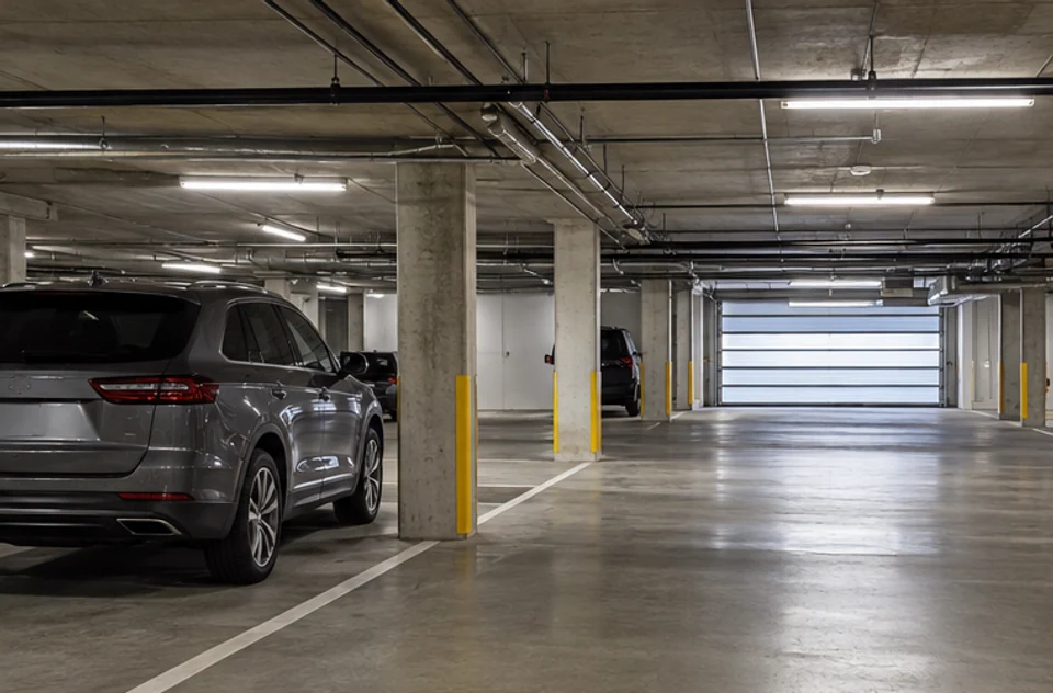 A clearly marked, empty parking area in a residential condominium garage.