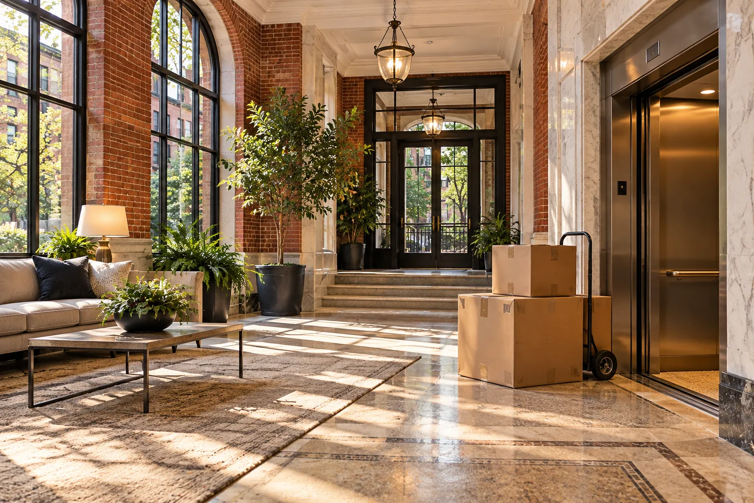 Moving boxes beside a service elevator in a sunlit brick condominium lobby.