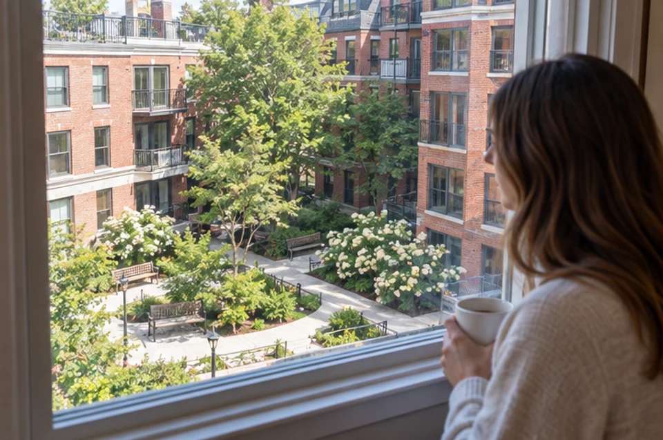 A Boston condominium owner looking across a shared courtyard from a window.