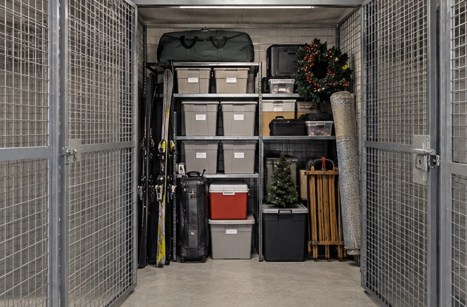 An orderly condominium storage area with seasonal belongings and clearly separated spaces.