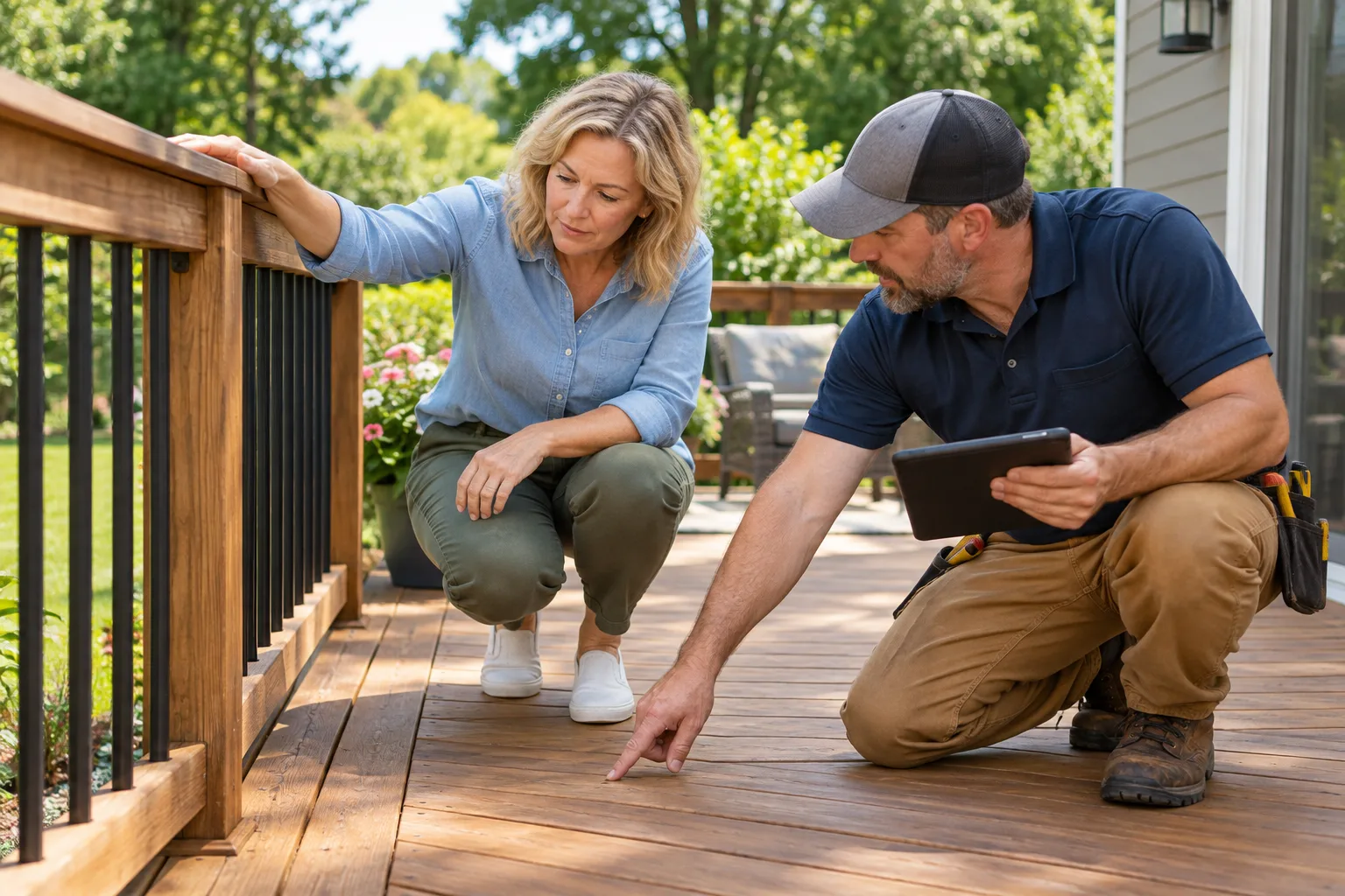 A homeowner and contractor review deck boards and railing in a backyard.