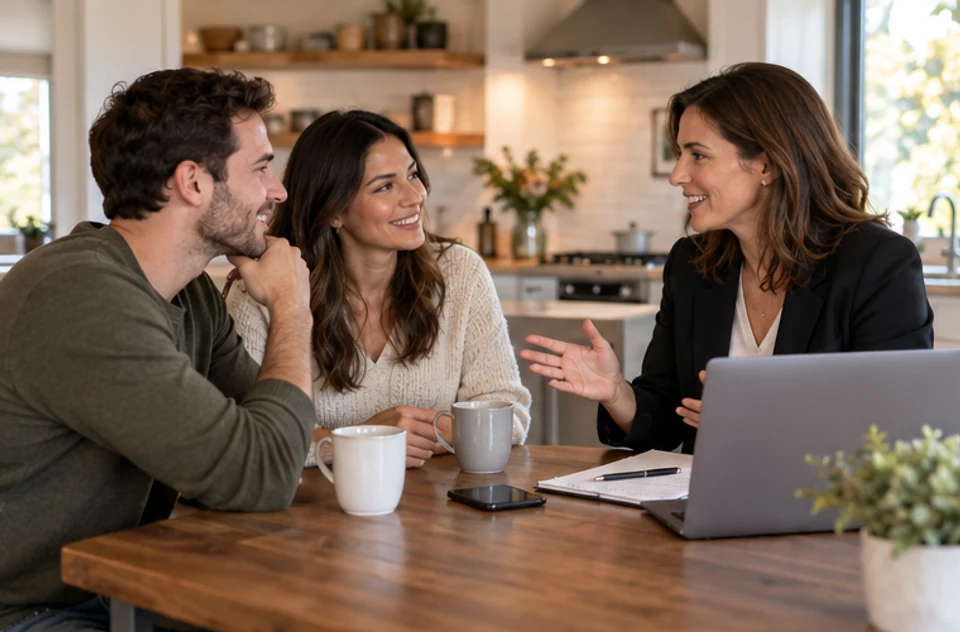 A real-estate professional listening as two home buyers explain what they need from a search.
