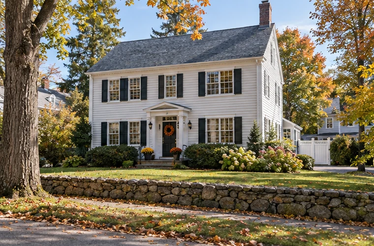 A New England colonial home on a tree-lined Natick-area street in early autumn.