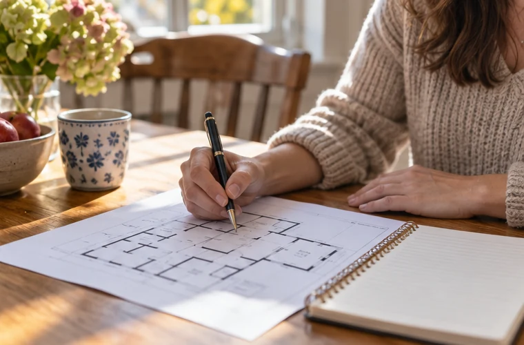 A buyer marking a home floor plan and tour notes at a dining table.