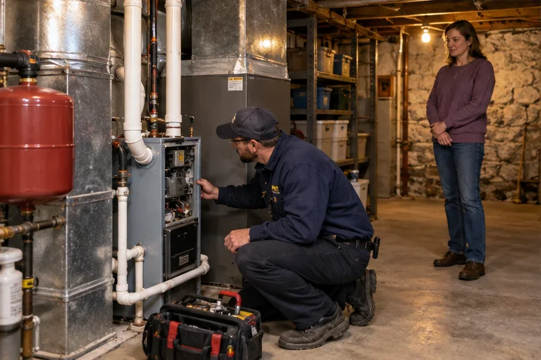 A licensed heating professional reviewing residential equipment while the owner observes from a safe distance.