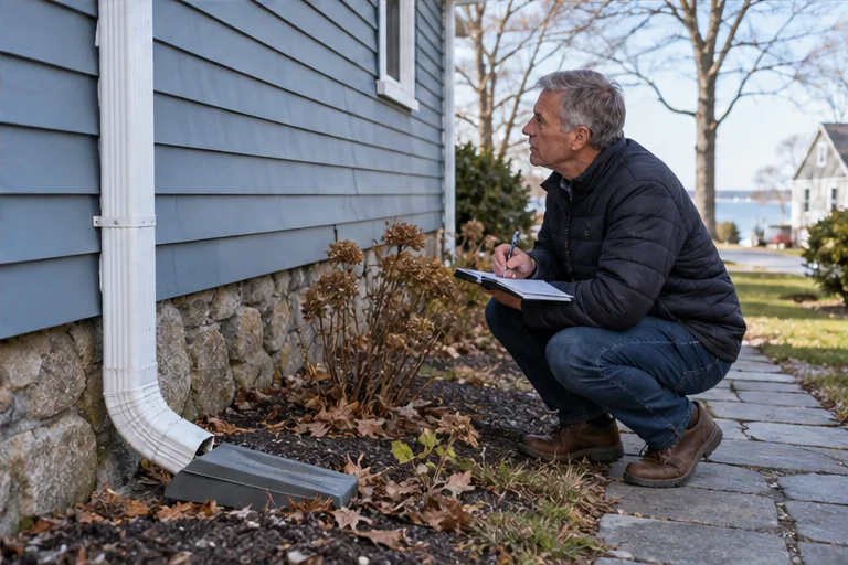A Massachusetts homeowner noting a visible downspout and foundation observation from a clear walkway.