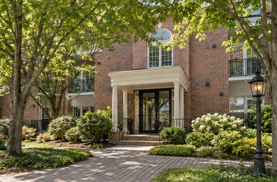 A landscaped entrance to a low-rise condominium in a MetroWest residential setting.