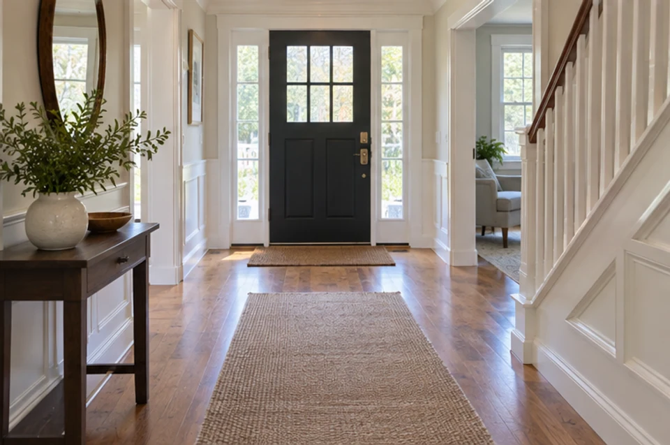A clear, bright entry in a New England home prepared for the final sale handoff.