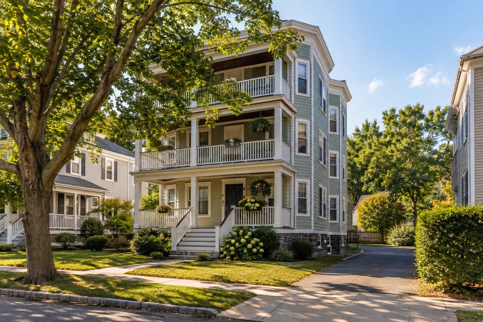 A multi-unit New England home on a leafy Framingham residential street.