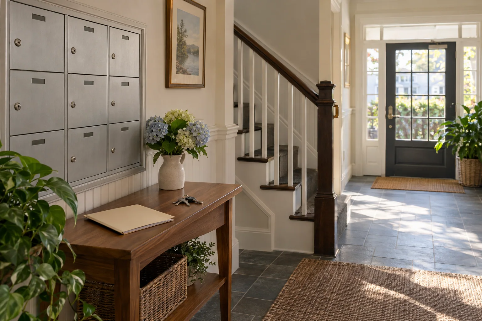 A shared condo entry with mailboxes, a staircase, and a table for building documents.