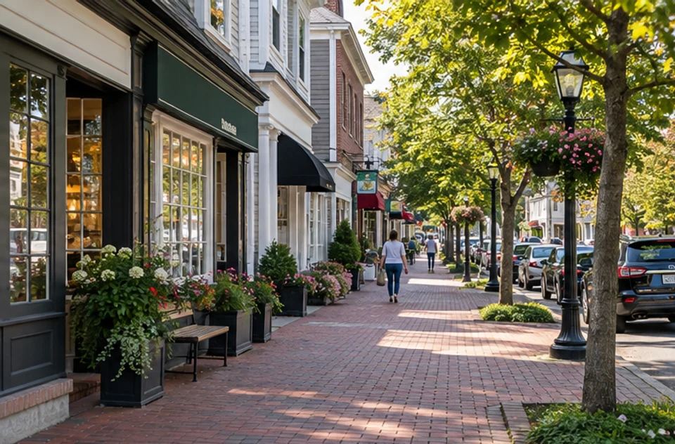 A walkable MetroWest residential street with a mix of homes and small storefronts, used to illustrate a Framingham and Marlborough search.