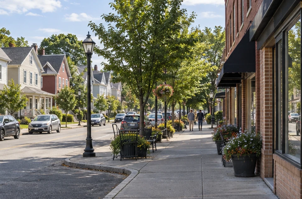 A walkable Framingham-style residential street with homes and storefronts in natural afternoon light.