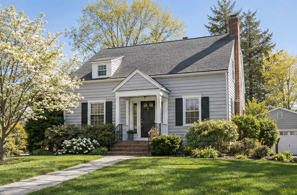 A detached New England home in a leafy Framingham-style residential setting.