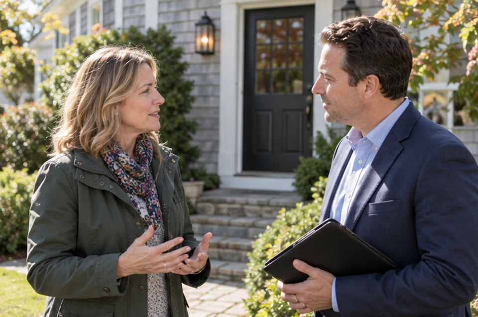 A homeowner discussing a practical next step with a real-estate professional outside a New England home.