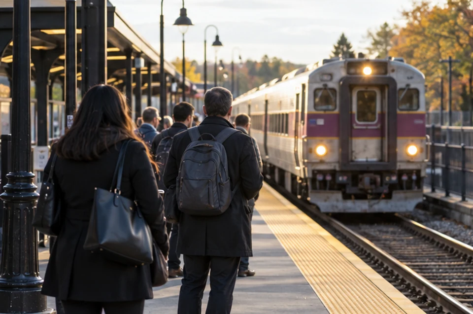 Commuters boarding a Boston-area train during a daytime route test.