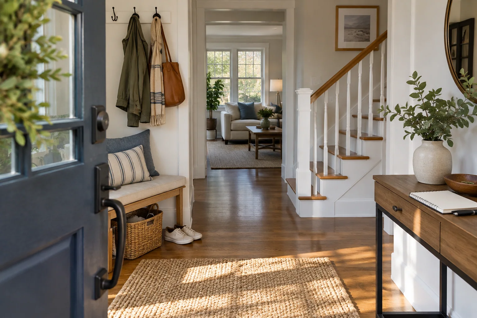 A welcoming New England entry with a blank notebook on a console table before a home tour.