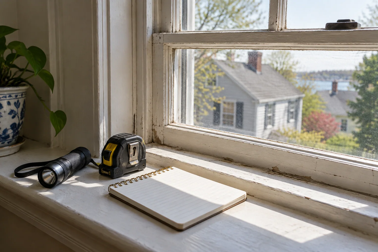 A flashlight, tape measure, and blank notebook on a windowsill during a home walkthrough.