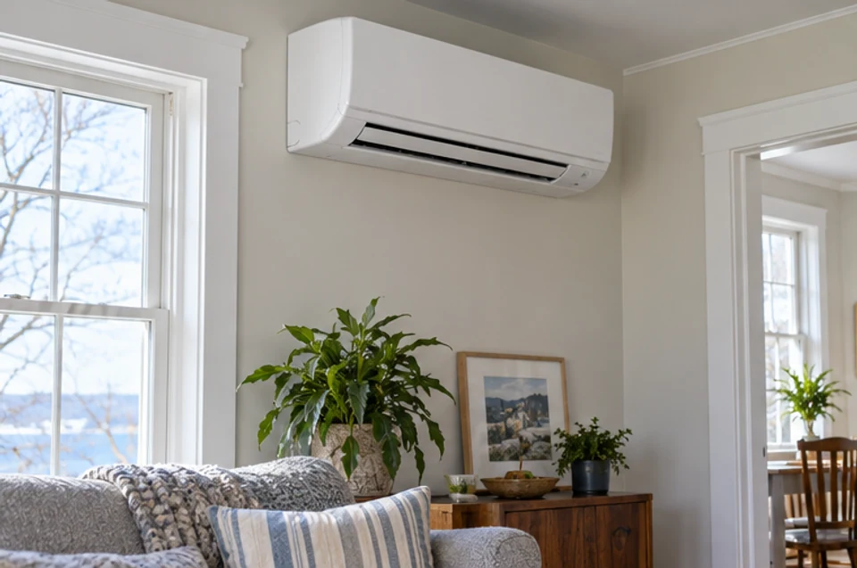 A ductless heat-pump unit in a bright New England home, shown as one possible system to document.