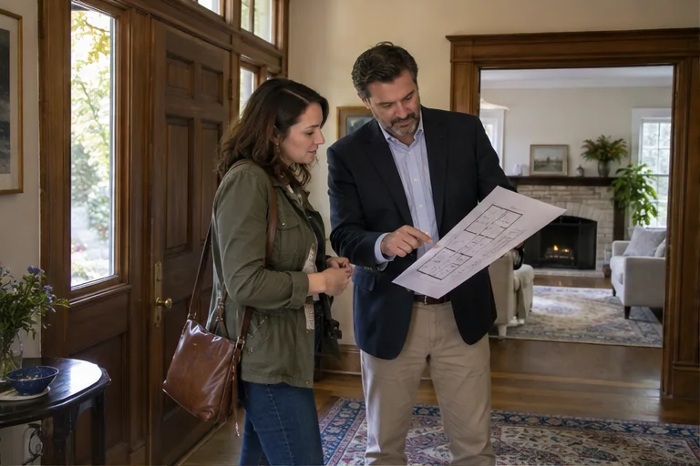 A buyer and real-estate agent reviewing a floor plan inside a New England home in Holliston.