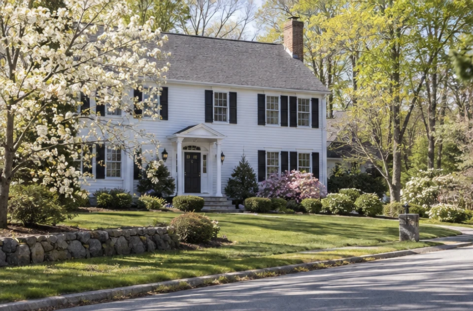 A traditional New England colonial home on a residential street in Holliston-style surroundings.