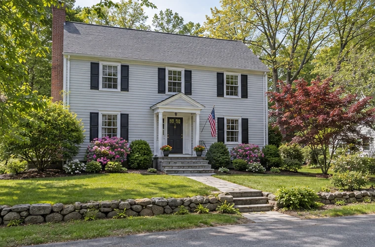 A New England colonial home on a quiet residential street in Holliston, Massachusetts.