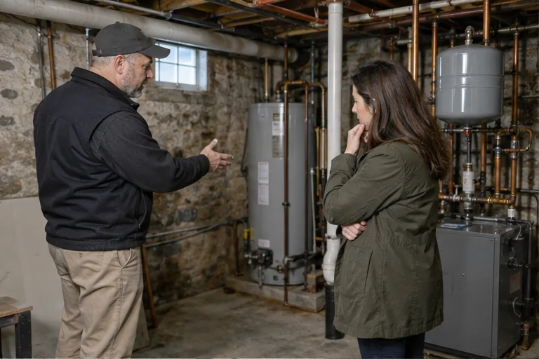 A prospective buyer discussing visible basement systems with a professional during a home visit.