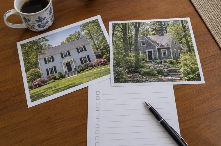 Two separate home photographs and a blank comparison worksheet on a table.