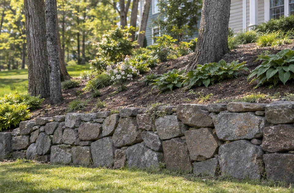 A stone retaining wall and sloping yard detail that a buyer may want to ask about during a property review.
